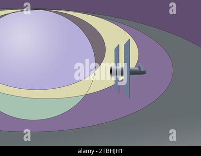 Un satellite est vu au premier plan et une représentation graphique de l'espace extérieur est en arrière-plan dans une illustration 3D. Banque D'Images