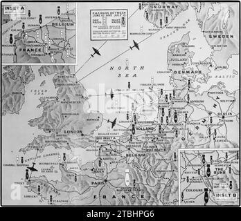 Carte illustrant l'offensive aérienne britannique de la Seconde Guerre mondiale contre l'Allemagne et les pays occupés entre le 10 juin et le 15 juillet 1941. Il y a eu 76 raids de jour (symbole de bombe blanche) et 154 raids de nuit (symbole de bombe noire) avec le nombre d'attaques sur chaque bombe avec la carte montrant les principales cibles. Banque D'Images