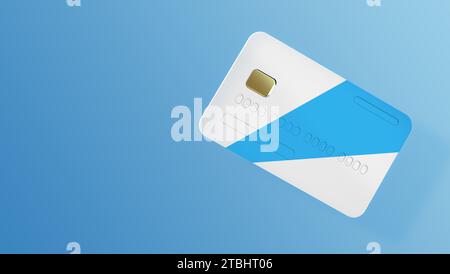 Carte bancaire bleue blanche sur fond bleu. Paiement en ligne, Mobile Banking, transaction et concept d'achat. Style minimal de dessin animé. Rendu 3D. Banque D'Images