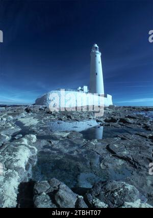 Phare sur l'île St Mary's (alias Bait Island) près de Seaton Sluice, Whitley Bay, North Tyneside UK Banque D'Images