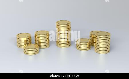 Pièces d'or empilées en piles. Argent de paiement, billet en dollars, investissement de financement bancaire, transactions financières, argent comptant. Concept commercial. Banque D'Images