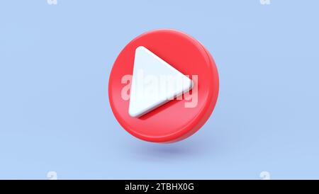Icône de lecture rouge sur fond Soft Blue Studio. Icône de lecture vidéo, médias sociaux, panneau lecteur multimédia, lecteur vidéo, streaming, diffusion en direct. Dessin animé minimal Banque D'Images