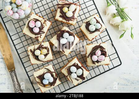 Barres de gâteau aux carottes de Pâques décorées avec nid de chocolat et œufs de bonbons au chocolat fleurissant des fleurs de cerise ou de pomme sur des fonds rustiques en bois clair. Banque D'Images