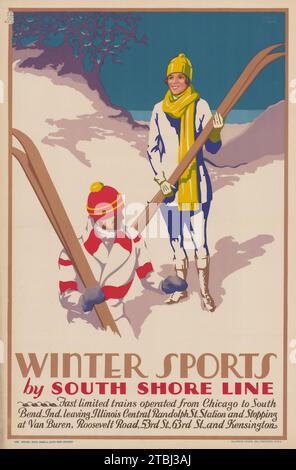 Affiche de voyage américaine ancienne - Sports d'hiver par South Shore Line, 1929 - affiche de voyage américaine - affiche de chemin de fer - skieurs vintage Banque D'Images