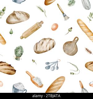 Fond de pain de cuisson. Aquarelle sans couture motif alimentaire à la main dessinée sur un fond blanc. Baguette française et pain aux plantes. Banque D'Images