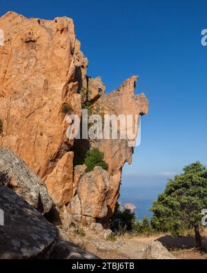 Rochers Château de Piana, en forme de têtes humaines au sentier la Tête de chien, Piana, Corse, France. Banque D'Images