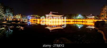 Une vue proche d'un palais de Donggung et Wolji Pond, lumières vives et reflet dans le lac, Gyeongju, Corée du Sud Banque D'Images