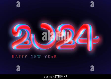 Bonne année 2024 bannière colorée tube néon lumineux. Happy Holiday Glowing festive chiffres lumineux en bleu et rouge Design, illustration vectorielle isolée Illustration de Vecteur