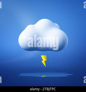Nuage doux blanc avec Zip et pluie isolé sur fond bleu doux. Style Minimalism de dessin animé. Concept météo. Illustration de rendu 3D. Banque D'Images
