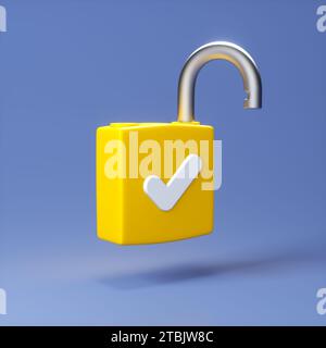 Icône jaune de cadenas déverrouillé avec symbole de coche blanche isolée sur fond bleu. Style Minimalism de dessin animé. Concept de sécurité. Vue perspective. 3D. Banque D'Images