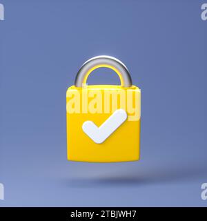 Icône jaune cadenas verrouillé avec symbole de chèque blanc isolée sur fond bleu. Style Minimalism de dessin animé. Concept de sécurité. Illustration de rendu 3D. Banque D'Images