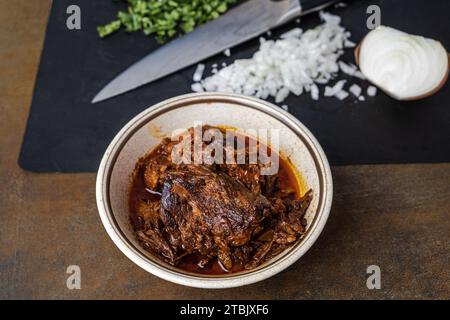 Un bol de viande de birria cuite lentement et braisée dans un bol vintage sur fond brun foncé avec un couteau, des oignons hachés et de la coriandre Banque D'Images