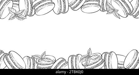 Macarons avec feuilles de menthe dans un style graphique. Fond universel pour vos notes culinaires, recettes, cartes, livre de cuisine, textile. Bordure vectorielle. Main Illustration de Vecteur