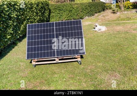 Panneaux photovoltaïques sur la palette en bois dans le jardin de la maison. Concept d'énergie verte. Banque D'Images