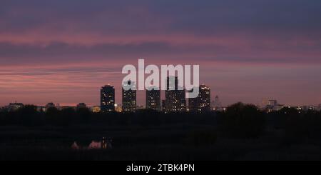 Panorama nocturne de Bucarest dans la capitale roumaine, avec de hauts bâtiments et des couleurs crépusculaires roses et violettes. Banque D'Images