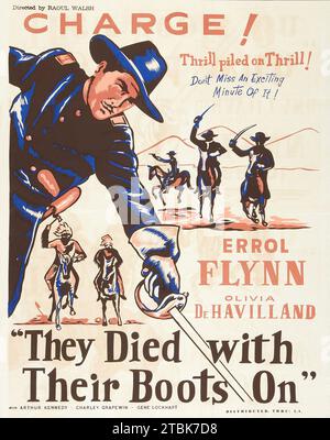 « L'art de l'affiche de 1960 réédite le film « ils sont morts avec leurs bottes » avec Errol Flynn et Olivia DeHavilland. » Banque D'Images