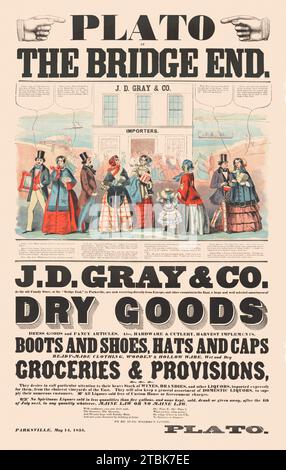 Platon à Bridge End. J.D. Gray & Co. Importateurs. Print montre une grande publicité avec des hommes et des femmes habillés à la mode à l'extérieur de ''J[ames] D. Gray & Co. Importators'' avec leurs achats, comme d'autres font la course pour entrer dans le magasin en arrière-plan, montre également un chemin de fer arrivant sur la gauche et des navires à vapeur sur une rivière au loin.' Banque D'Images