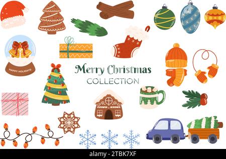 Collection de Noël de différents éléments tels qu'un chapeau de Père Noël, biscuits en pain d'épice, boule à neige, voiture avec arbre, boîte cadeau, chapeau chaud, cacao avec guimauve, Illustration de Vecteur