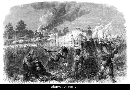 La guerre de Sécession en Amérique : combat à Hainsville, sur le Potomac supérieur - avance des hommes du Wisconsin (fédéralistes) sur la position sécessionniste, 1861. 'Notre artiste spécial en Amérique, écrivant depuis le camp fédéral, le 7 juillet, dit qu'il a réussi à payer une visite aérienne à la division de Patterson à Martinsburg, se levant à temps pour assister à sa bravoure et à sa victoire contre les troupes confédérées, le 2 juillet, à Hainsville, sur le Potomac supérieur. En référence à cette rencontre rapide, il a envoyé un croquis montrant l'avance des hommes du Wisconsin à travers les champs de blé, après avoir forgé la Riv Banque D'Images