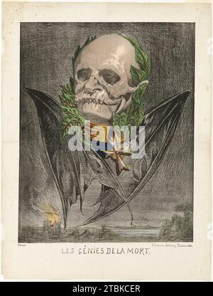 Guillaume Ier, roi de Prusse, des G&#xe9;nies de la mort, 1870.après la création de l'Empire allemand, Guillaume Ier fut nommé kaiser (empereur) de l'État allemand unifié. Edmond Guilliaume a ironiquement donné à Wilhelm une couronne de feuilles comme un héros antique, mais cette association est remplacée par le reste de son visage et de son corps. Sous ses yeux confiants se trouve un crâne en décomposition, et son corps est remplacé par la forme rapace et suceuse de sang d'une chauve-souris. Combiné avec la destruction nocturne de l'église au loin, Wilhelm représente l'essence même de l'ennemi de sang froid et froid. Banque D'Images