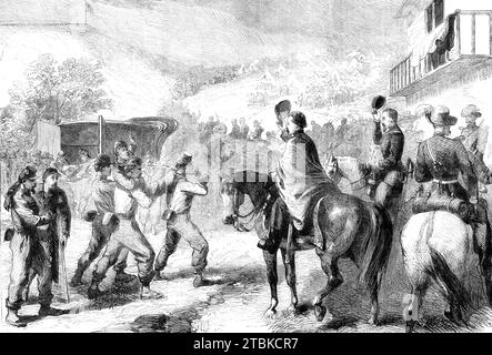 La guerre en Amérique : amener les blessés fédéraux après l'escarmouche à Lewinsville, Virginie - d'après un croquis de notre artiste spécial, 1861. "Juste au moment où les blessés étaient amenés à bord, le général m'Clellan atteignait le sol avec un aide-de-camp et une escorte de dragons. Il leva son chapeau alors que chaque pauvre homme était transporté de l'ambulance à l'hôpital ; et beaucoup dont les yeux étaient rapidement vitrés dans la mort se levèrent dans les bras de ceux qui les portaient et souriaient un dernier sourire à leur jeune et bien-aimé général. Notre artiste écrit: "Je viens de rentrer d'une croisière sur le Potomac, et tout en awa Banque D'Images