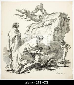 La Vierge réchauffe les mains de Jésus dans le feu, 1759. Banque D'Images