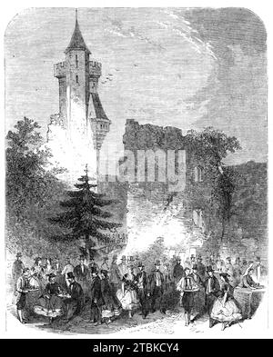 Visite du roi de Prusse à l'Empereur des Français à Compiègne : le déjeuner à Pierrefonds, 1861. Excursion aux ruines '...beautiful du château de Pierrefonds, au milieu de laquelle, sur des blocs de pierre se trouvant dans toutes les directions, mais destinés à la restauration de l'édifice, les illustres visiteurs ont participé à une collation composée de viandes froides et de fruits...le roi de Prusse parut ravi alors qu'il s'asseyait sur un bloc déformé pour verser du vin à l'empereur et à l'impératrice des Français, et tous semblaient très satisfaits de l'absence temporaire d'étiquette... le portraitur Banque D'Images