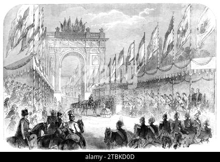 Le couronnement du roi de Prusse : sa Majesté reçoit une allocution des jeunes dames de K&#xf6;nigsberg [maintenant Kaliningrad] à son entrée dans cette ville - d'après un croquis de notre artiste spécial, 1861. 'A l'intérieur de la porte... a été érigé un arc de triomphe, surmonté de gigantesques couronnes royales, et orné des armes de Prusse et de Saxe-Weimar... à dix heures deux stands érigés près des portes ont été occupés, l'un par des dames et. l'autre par des membres de la municipalité, et près d'eux attendaient cinquante jeunes femmes vêtues de blanc, avec des foulards des couleurs nationales et des couronnes de fleurs Banque D'Images