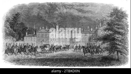 Arrivée du prince à Clumber, 1861. Le futur roi Édouard VII est invité dans une demeure seigneuriale du Nottinghamshire. Nous donnons à Sheffield and Rotherham Independent quelques détails de Clumber, le siège de sa grâce le duc de Newcastle: "Clumber est un beau manoir, situé sur la rive de la rivière Idle, à environ quatre miles au-delà de Worksop. Ce n'est en aucun cas une ancienne résidence ducale, ayant été fondée seulement lorsque les domaines Cavendish, y compris Welbeck, sont passés aux Bentincks. Le parc à son échelle actuelle de magnificence a été conçu et aménagé il y a environ cent ans par Th Banque D'Images