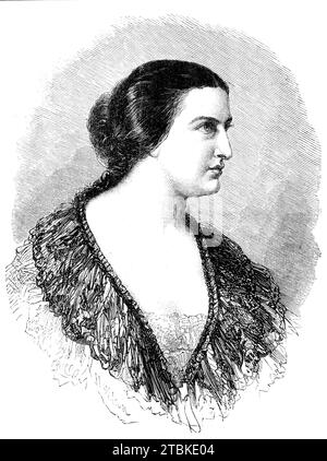 MDME. Guerrabella, du Royal English Opera, Covent Garden, 1861. Ginevra Guerrabella est de naissance américaine, d'origine anglaise, mais a été emmenée en Italie à l'âge d'un an où elle a reçu son éducation musicale. Elle a commencé le pianoforte à cinq ans, et à treize ans était une bonne interprète. À cette époque, elle fait la connaissance de MDME en Allemagne. Sontag. Ce grand artiste prit un intérêt chaleureux pour l'enfant, et lui donna des instructions, et, lorsque la jeune Ginevra retourna en Italie, lui offrit une introduction à Rossini, qui lui procura un maître et supervisait son programme Banque D'Images