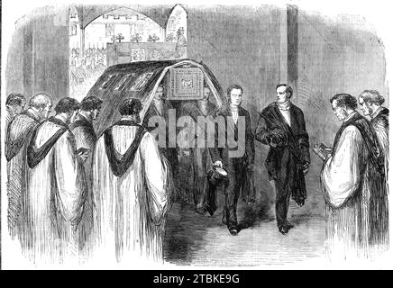 Les funérailles de son Altesse Royale le Prince Consort : réception du corps du clergé à l'entrée de Saint Chapelle George, 1861. Le 23 décembre '...les restes du défunt Prince Consort ont été enterrés dans le dernier lieu de repos des souverains de l'Angleterre - la Chapelle Royale de St. George's, Windsor. Par le désir exprès de son Altesse Royale, les funérailles étaient du caractère le plus clair et le plus privé; mais les hommes principaux de l'État furent rassemblés pour faire honneur à ses obsequies, et par chaque signe de chagrin et de deuil la nation dans son ensemble manifesta son sens de la perte qu'elle avait subie Banque D'Images