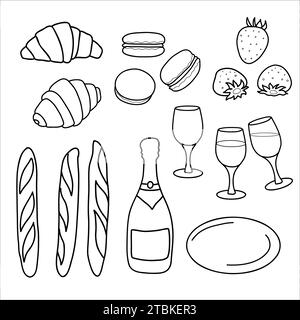 Ensemble de plats français. Bouteille de champagne, verres, fraises et macarons. Croissants et baguettes. Illustration vectorielle dans le style doodle. Illustration de Vecteur