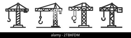 Icônes de grue définies. Différents types de grues, collection d'icônes linéaires. Ensemble de construction utilitaire. Illustration de Vecteur