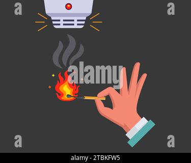 détecteur d'incendie. main avec une allumette. illustration vectorielle plate. Illustration de Vecteur