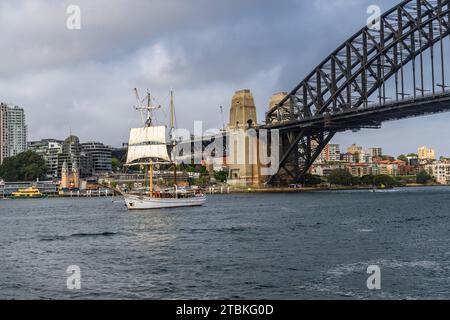 Grands voiliers sous le pont du port de Sydney en Australie Banque D'Images