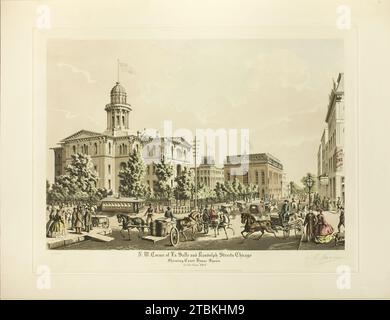 N. W. Corner de LaSalle et Randolph, Chicago, montrant court House Square en l'an 1864, publié en avril 1928 (1864 représenté). Banque D'Images