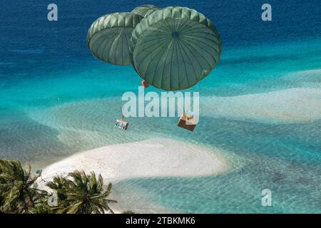 Atoll de Satawan, Micronésie. 5 décembre 2023. Les paquets descendent d'un C-130J Super Hercules de l'US Air Force affecté au 36th Expeditionary Airlift Squadron (EAS) vers l'atoll de Satawan dans les États fédérés de Micronésie, en décembre. 5, 2023 pendant l'opération Christmas Drop 2023 (OCD 23). Les maîtres de chargement du 36e train EAS circulent toute l'année pour la livraison sécuritaire de chaque paquet, avec un grand nombre de paquets pesant plus de 300 livres. L'avion, indicatif Santa 36, a livré deux paquets aux habitants de Koror. OCD est la mission humanitaire et de secours en cas de catastrophe la plus ancienne du Département de la Défense. Chaque oui Banque D'Images