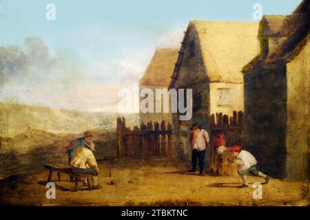 Paysans bowling devant une taverne - peinture à l'huile dans le style de David Teniers le Jeune (1610-1690). Banque D'Images