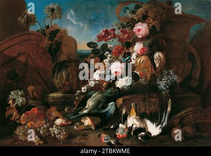 Nature morte avec fleurs, oiseaux morts et morceaux de ruines, 1712. Banque D'Images