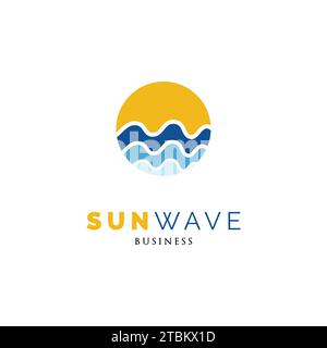 Modèle de conception de logo d'icône de soleil avec vagues de mer Illustration de Vecteur