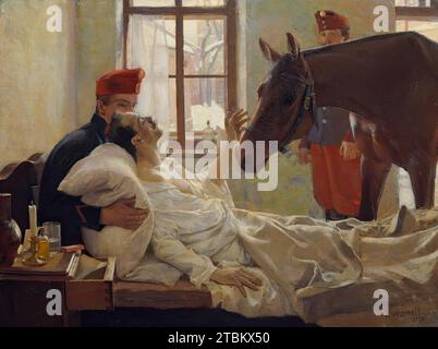 Une belle visite, 1894. Un soldat blessé, soigneusement soutenu dans son lit par un camarade, salue son cheval qui a été amené à lui rendre visite à l'hôpital. Le patient, les yeux fermés, tend la main dans un salut affectueux. A travers la fenêtre se trouve une cour hivernale, couverte de neige. L'état du patient est susceptible d'être grave - cela peut être un adieu à son fidèle steed. Banque D'Images