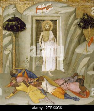 La Résurrection, c1390-1410. La représentation de la tombe du Christ comme une grotte apparaît à plusieurs reprises dans l'art italien du 14e et du début du 15e siècle. Ici, un aperçu dans la grotte révèle le sarcophage en marbre du Christ, maintenant vide. Encadré par le vide obscur de l'entrée du tombeau, le Christ ressuscité, émettant des rayons de lumière, émerge triomphalement des ténèbres. Cette scène était la dernière d'une série de cinq panneaux de prédella (peintures sur la base d'un retable) illustrant des épisodes de la passion du Christ. La séquence, qui peut être reconstruite à partir de panneaux survivants maintenant dans d'autres collections, Banque D'Images