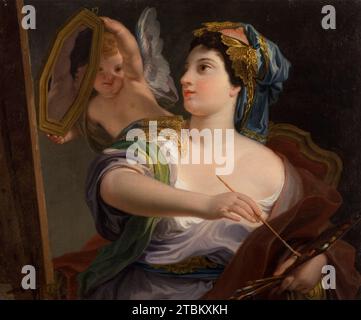 Allégorie de la peinture, 1764. Cette jeune femme avec sa palette et ses pinceaux n'est pas sérieusement engagée dans la peinture. Contemplant son reflet dans un miroir tenu par un cupidon ailé, elle est une personnification de la beauté consciente de soi qui était alors le but de l'art. Un masque attaché à sa coiffe avec une chaîne dorée symbolise la vision potentiellement trompeuse de la réalité que l’art peut véhiculer même lorsqu’il semble imiter la nature. Banque D'Images