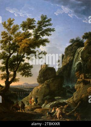 Paysage avec cascade et figures, 1768. À l'âge de vingt ans, Vernet quitte Avignon pour un long séjour à Rome où il dévore un style de peinture de paysage idéalisé dérivé des traditions classiques du 17e siècle de Claude Lorrain et Salvator Rosa. Ce n'est qu'en 1762 qu'il s'installa à Paris, où il y peignit avec succès des scènes marines et des vues "pittoresques" qui rappelaient son séjour italien ainsi que reflétaient une dette envers la peinture de paysage hollandaise. Son travail a été admiré par une large clientèle internationale. Scènes avec cascades de cascades vaguement basées sur le célèbre Banque D'Images