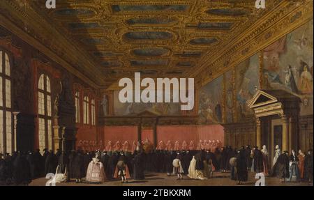 Réception des ambassadeurs étrangers au Palais des Doges, Venise, c1765-1780. Une grande partie du rituel majestueux et de la faste si centrale à la vie publique à Venise a eu lieu dans le contexte du palais du doge, le magistrat élu en chef de la République vénitienne. Il y reçoit des ambassadeurs dans la Sala del Collegio, un luxueux salon avec de splendides peintures du 16e siècle de Véronèse et du Tintoret. Banque D'Images