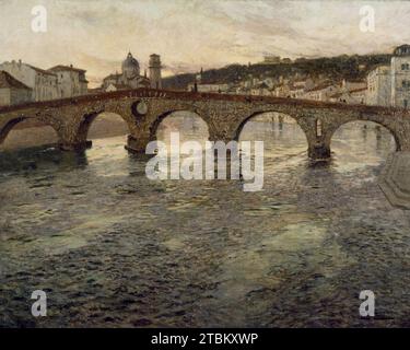 L'Adige à Vérone, c1894. Des couleurs sourdes et des harmonies subtiles caractérisent cette vue de la rivière Adige qui coule rapidement sous les cinq arches du Ponte della Pietra (deux arches sont romaines, les deux centrales datent de 1520, et la dernière était une reconstruction d'environ 1528). Discernables en amont à gauche sont plusieurs palazzi et le Duomo de S. Maria Matricolare, initialement une construction romane avec des ajouts ultérieurs, y compris un campanile conçu par Sanmichele, et à droite la région de S. Stefano et le bastion de S. Giorgio silhouettés contre l'horizon. Banque D'Images