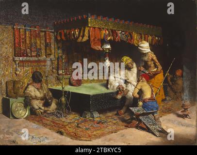 The Slipper Merchant, 1872. Dans l'intérieur faiblement éclairé et richement coloré d'une boutique nord-africaine, un marchand tourmenté sert un client assis sur un divan. Agenouillé devant est un préposé, et à peine discernable en arrière-plan est un artisan au travail. À gauche, un homme fume un narguilé. Villegas a adopté un sujet rendu populaire par Mariano Fortuny, mais plutôt que d'explorer les effets de lumière, il fournit une gamme presque extrêmement détaillée de bric-a-brac. Même le cadre photo, commandé sur mesure pour cette peinture, est inscrit dans l'écriture Naskh: "Il n'y a pas de Dieu mais Allah et Mohammed est salut Banque D'Images