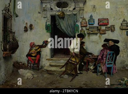 Figaro's Shop, 1875. Dans cette scène qui se déroule à Rome, un jeune gitan strass une guitare tandis qu'un prêtre et un couple d'hommes en blouses jouent un jeu de dames. Le barbier tire une chaise pour les rejoindre. L'artiste a fourni une multitude de détails descriptifs, y compris des oiseaux en cage, un bol de coiffeur en cuivre suspendu au-dessus de la porte et des graffitis sur le mur. Jiménez, artiste de Séville, rejoint le cercle des artistes espagnols de Mariano Fortuny à Rome en 1871. Comme eux, il a montré des compétences techniques remarquables dans ses représentations humoristiques de la vie quotidienne. Banque D'Images