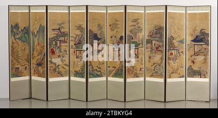 Ecran pliant à dix panneaux avec des scènes de piété filiale, 18e-19e siècle. Le "Livre de la piété filiale" est l'un des textes éthiques et moraux associés au sage chinois Confucius (6e-5e siècle av. J.-C.). "Vraiment, si l'on est filial à la maison", écrivait un roi coréen du 10e siècle, "il sera certainement un officiel loyal pour l'État." Un texte supplémentaire décrivant vingt-quatre personnages historiques qui honoraient leurs parents ou leurs aînés de manière extraordinaire devint plus tard populaire en Chine et en Corée. Cet écran représente sept de ces vingt-quatre parangons et trois autres: Banque D'Images