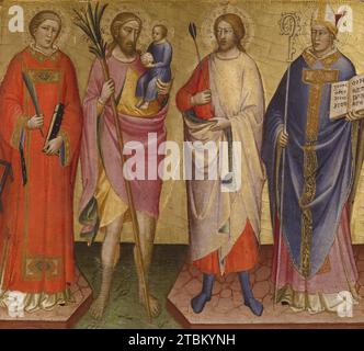 Saints Lawrence, Christopher, Sebastian, et un Saint évêque, 1420-1430. Ce tableau fait partie d'une série de panneaux similaires qui formaient peut-être autrefois les ailes d'un reliquaire peint. Les reliques qui y étaient contenues auraient été celles des saints représentés sur les ailes. Sur ce panneau, St. Lawrence et St. Sebastian sont identifiés par les instruments de leur martyre : le Gridiron pour Lawrence et la flèche pour Sebastian. St. Christopher est représenté en transportant l'enfant Christ de l'autre côté de la rivière comme dicté par sa légende. Banque D'Images